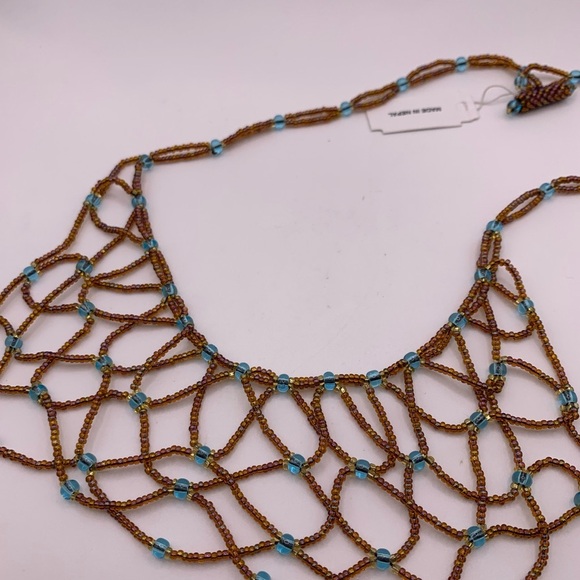 Gorgeous handmade brown seed beads & blue topaz beads woven bib necklace - Picture 4 of 7